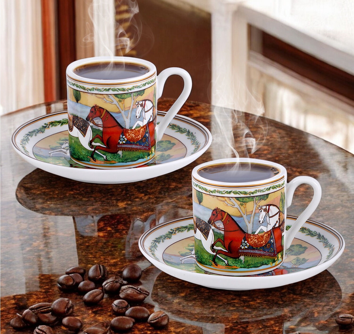 STP GOODS Running Horse Bone China Espresso Coffee Cup and Saucer Set of 4 for 2 in Gift Box 3.38 fl oz (100 ml) Porcelain Coffee Cup Set, White Green Yellow