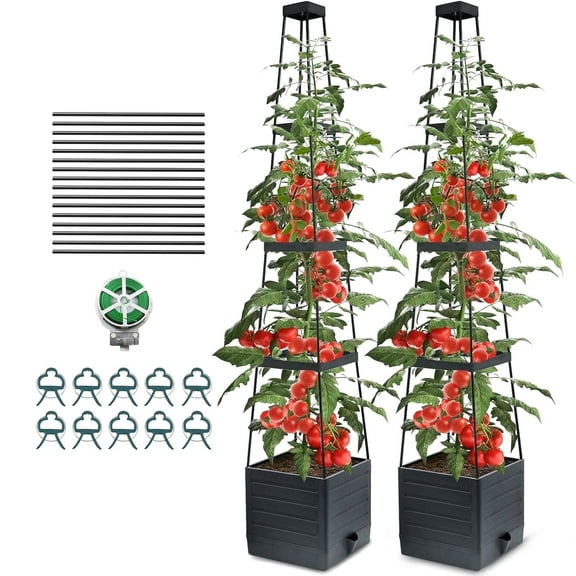 BeGrit 9.8 x 9.8 x 57 Inch Black Plastic Planter Boxes with Self-Watering for Climbing Vegetables, Fruits, and Flowers, 2 Count