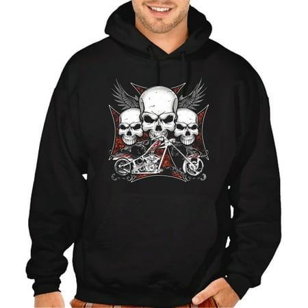 Rhinestone Skull Sweatshirt - Men's 3 Skull Chopper Biker Black Pullover Hoodie Sweater Medium Black