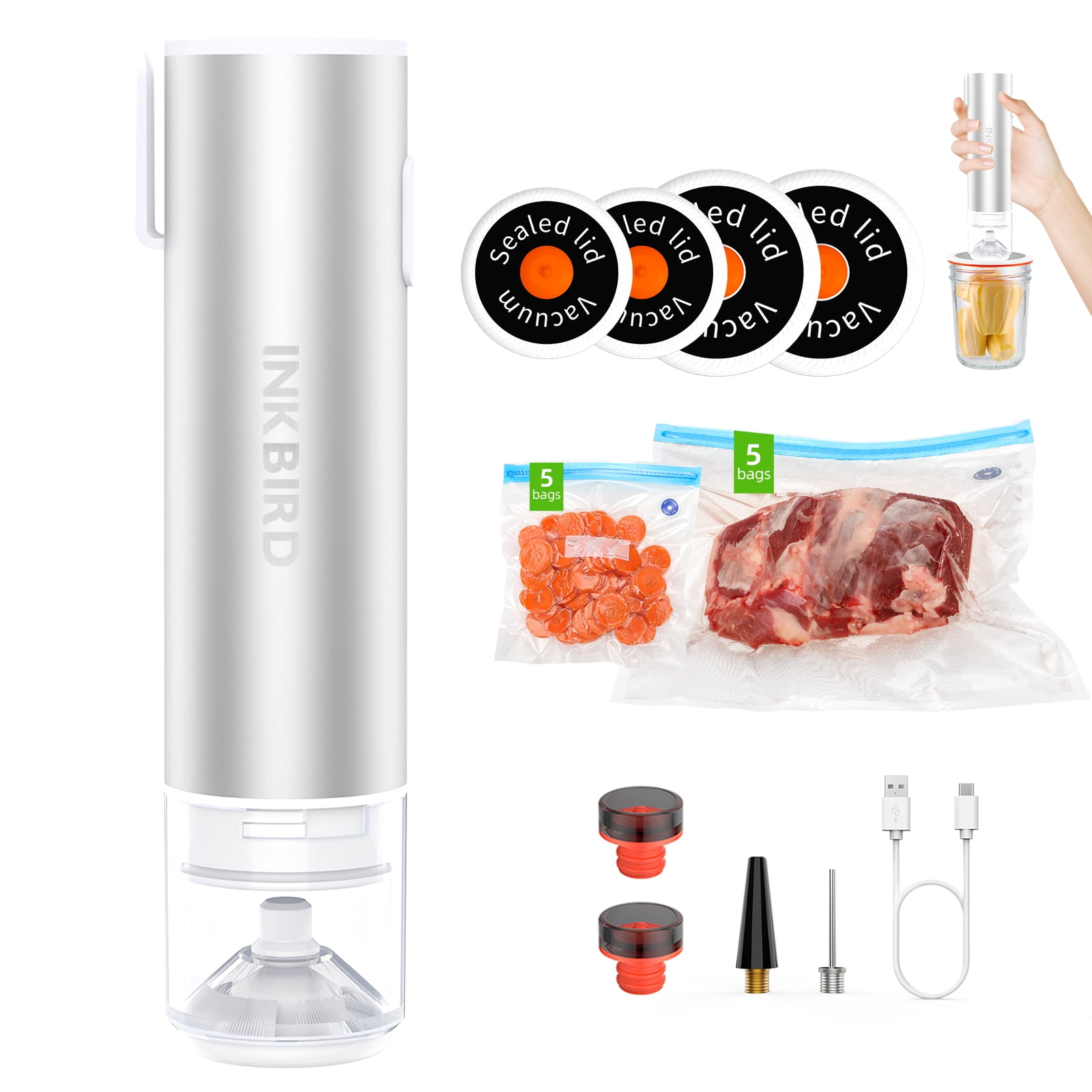 INKBIRD KZ-100 Handheld Vacuum Sealers, Silver with Removable Water Collector and Jar Sealer Kit