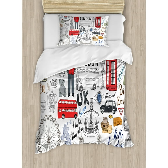 Doodle Twin Size Duvet Cover Set, I Love London Double Decker Bus Telephone Booth Cab Crown of United Kingdom Big Ben, Decorative 2 Piece Bedding Set with 1 Pillow Sham, Multicolor, by Ambesonne