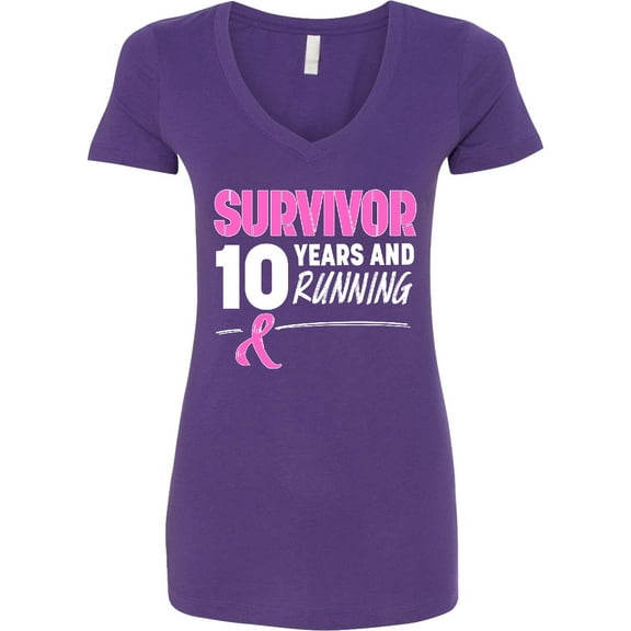 Inktastic Breast Cancer Survivor 10 Years and Running with Pink Ribbon Women's V-Neck T-Shirt