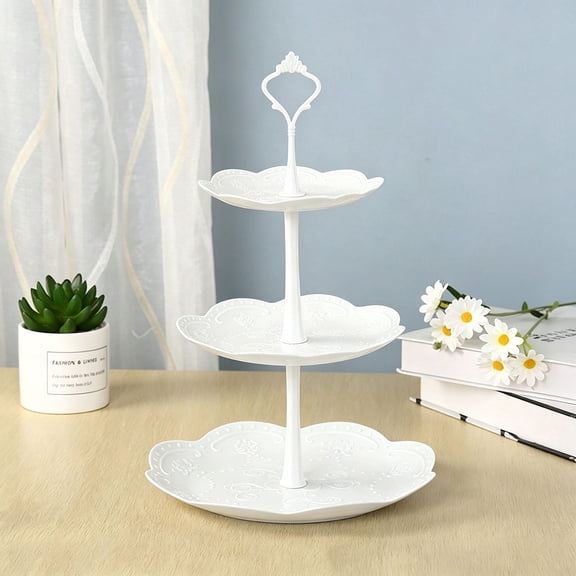 1 Pcs 3-Tier White Embossed Dessert Stand 40cm - European Retro Cake Display Tower, Scalloped Edge Pastry Holder for Weddings, Parties, Afternoon Tea & Birthday Table Decor