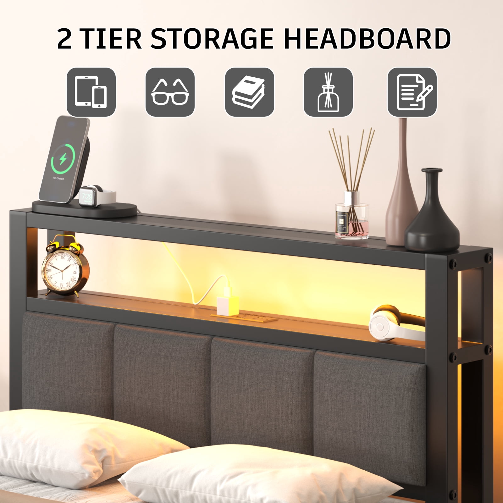 Twin Size Bed Frame with Storage Headboard, Metal Platform Bed with LED Lights & Charging Station, Heavy Duty Metal Slats, Gray