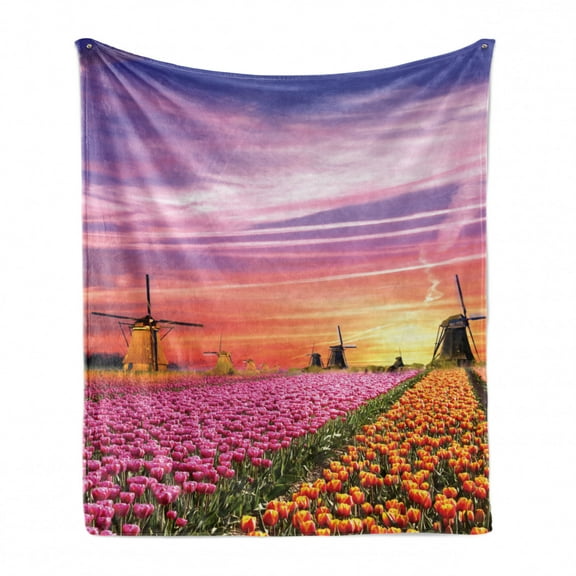 Nature Soft Flannel Fleece Throw Blanket, Tulip Fields and Windmills in European Landscape with a Sunset Sky View, Cozy Plush for Indoor and Outdoor Use, 50" x 70", Orange Pink Purple, by Ambesonne