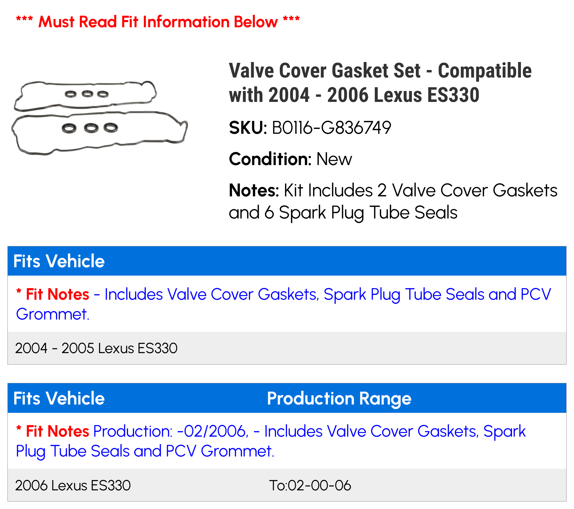 Valve Cover Gasket Set - Compatible with 2004 - 2006 ES330 2005