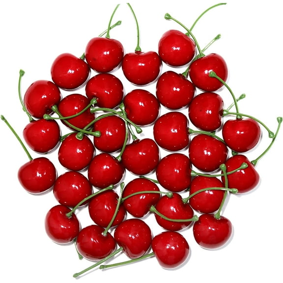 50Pcs Artificial Red Cherries 30mm/1.18inch Simulation Lifelike Cherry Fake Fruit for Home Kitchen Dining Decoration (Red)