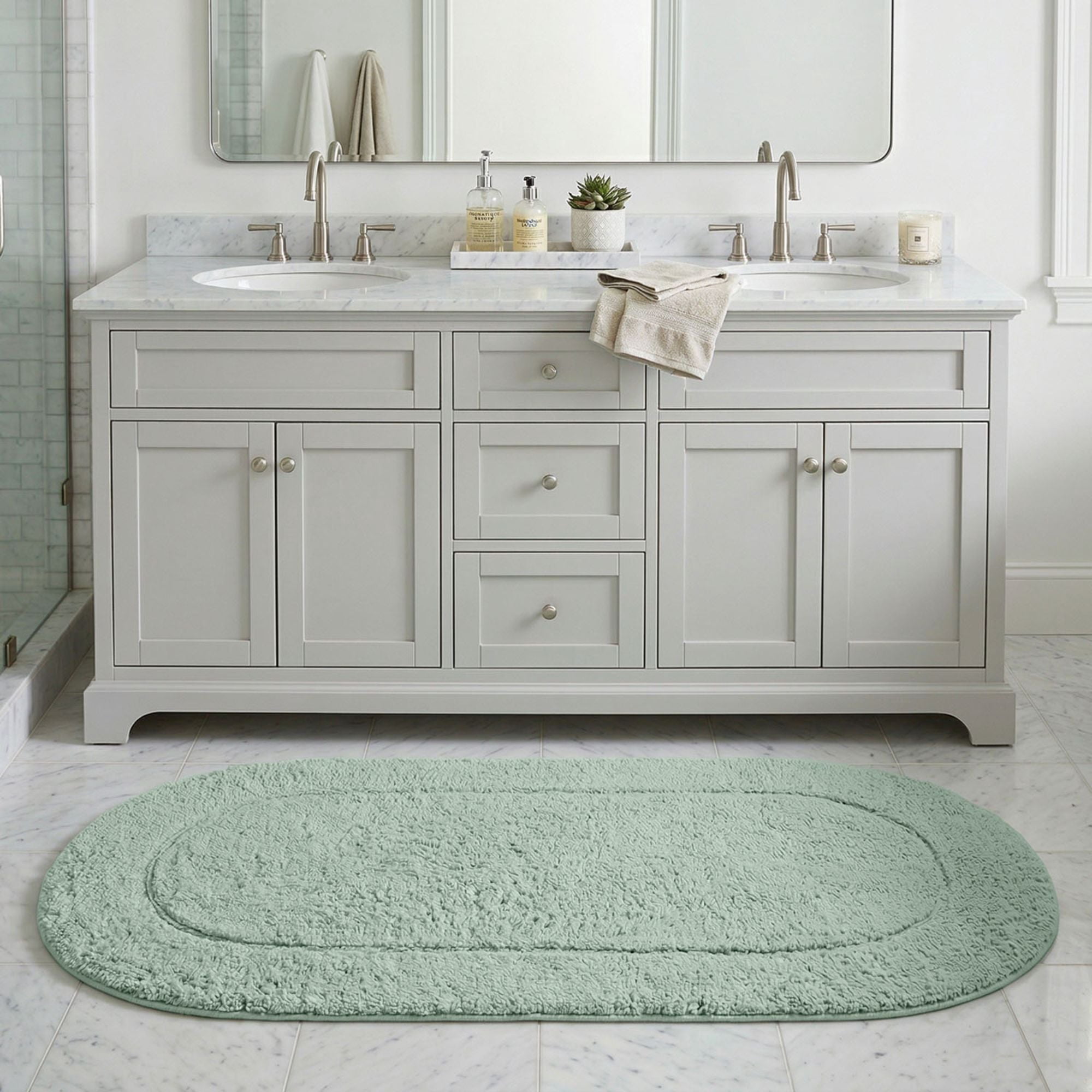 Superior Oval Bordered Cotton Washable Non-Slip Bath Rug, Runner Size, Sage
