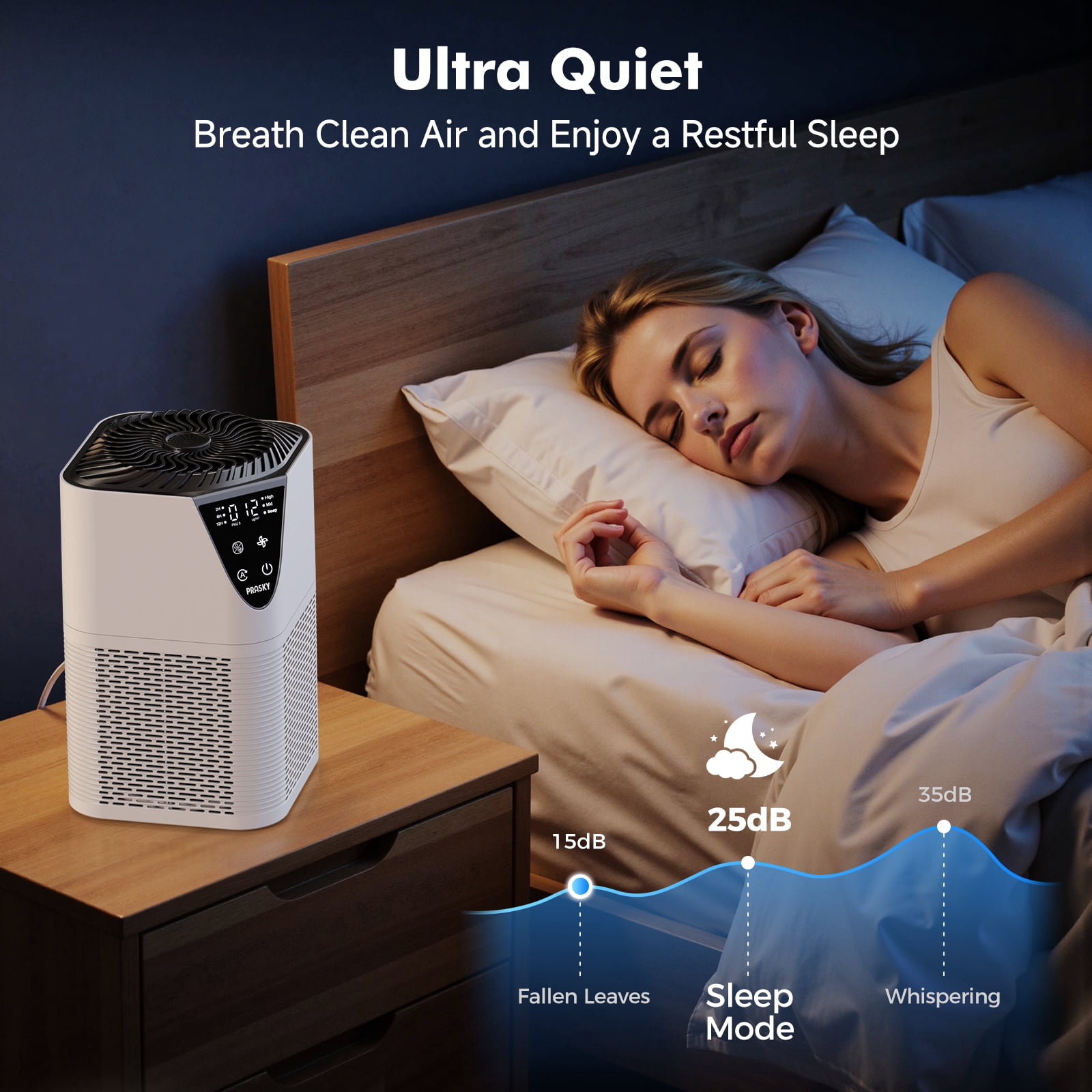 PRASKY Air Purifier for Home 1076 Sq Ft Coverage, True HEPA Filter for Pets, Smoke & Allergies | Quiet for Bedroom/Living Room (White)
