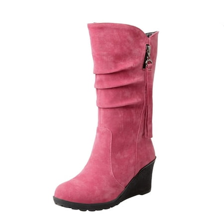 

2022 Ladies Fashion Casual Show Thinning Height Wedge Heel Frosted Side Zipper Decorative Round Toe Medium Boots