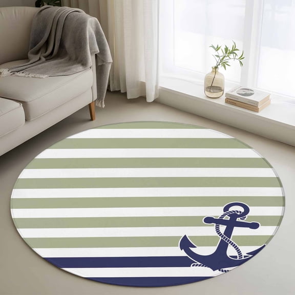Striped Anchor Round Area Rug 3 FT, Small Kitchen Bathroom Mat, Navy Blue Nautical Sage Green Geometric Washable Indoor Outdoor Throw Runner Carpet Non-Shedding Doormat for Table Shower Sofa Entryway