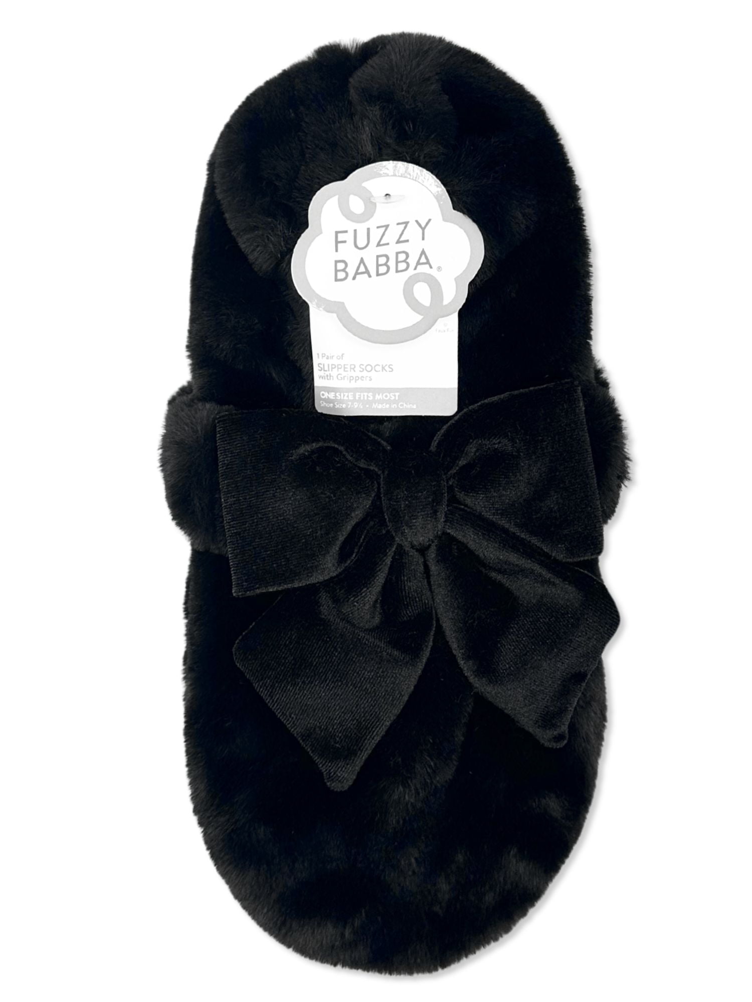Fuzzy Babba Women's Faux Fur Oversized Bow Mary Jane Slipper Socks, 1-Pack, Shoe Sizes 7-9.5