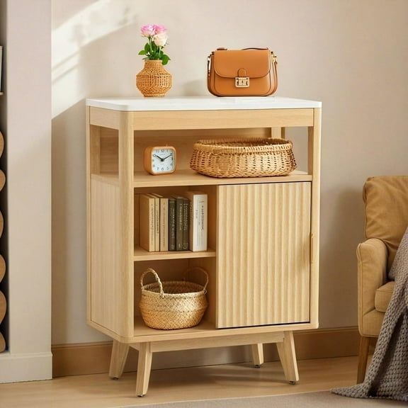 Fluted Floor Bathroom Cabinet with Sliding Door, Modern 3 Drawers Storage Organizer with Adjustable Shelf, Mid Century Bathroom Cabinet with Curved Edge for Bathroom Dining Room (Natural Oak)