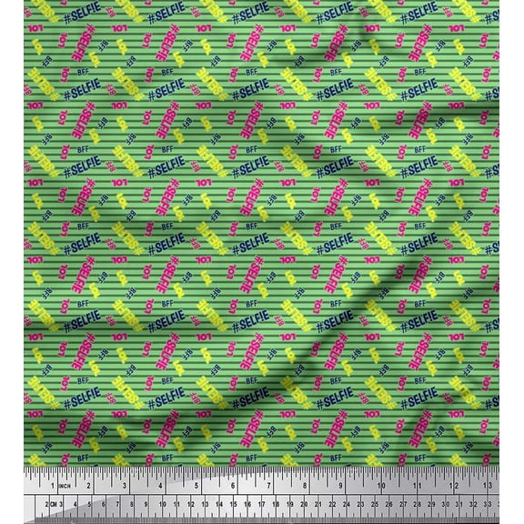 Soimoi polyester Crepe Fabric Selfie Text & Stripe Printed Fabric 1 Yard 42 Inch Wide