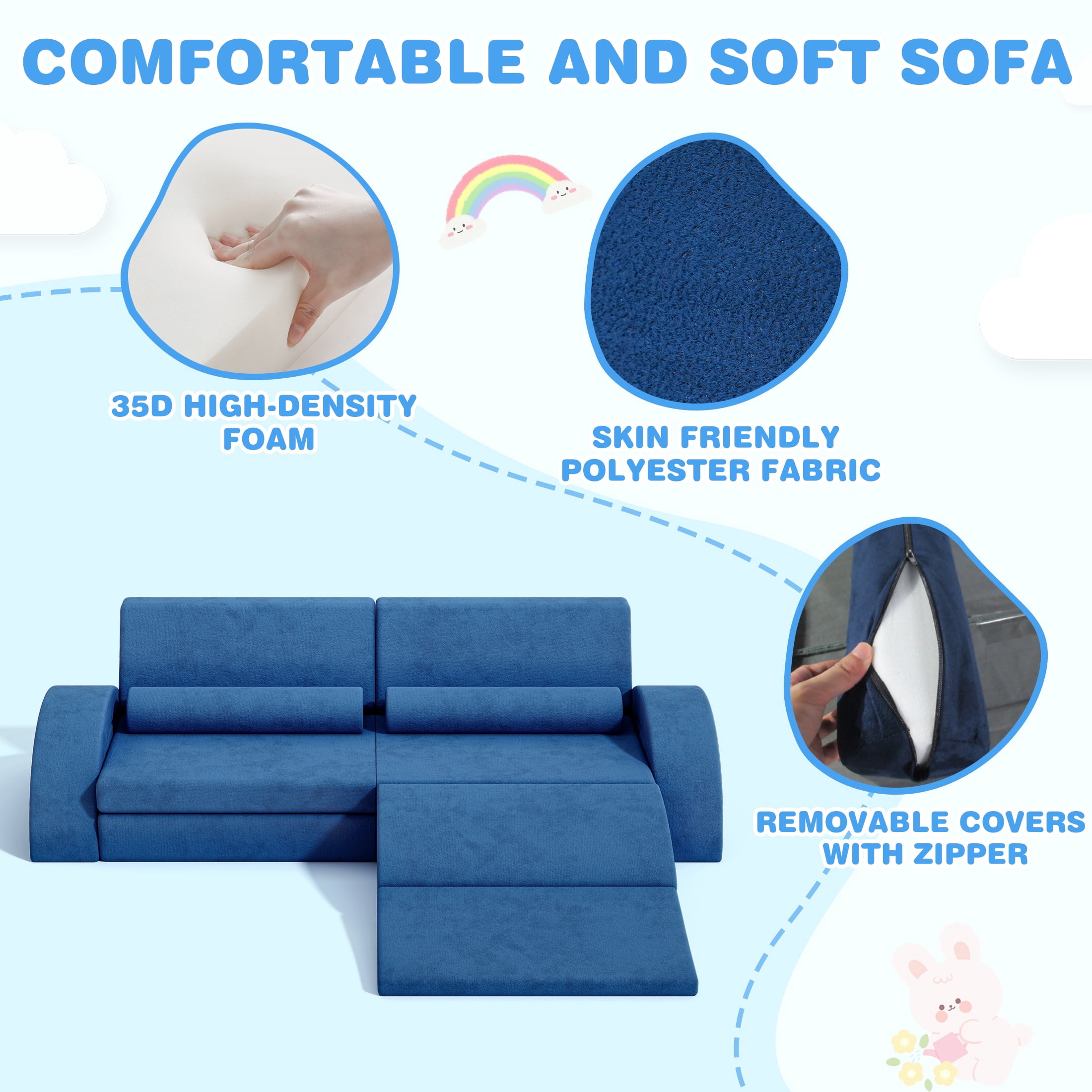 11PCS Modular Kids Play Couch, HSUNNS Fabric Kids' Sofa with Removable Cover, Convenient Storage, Indoor Foam Sofa Living Room Sectional Couch for Boys Girls 3-8, CPC Certification, Blue