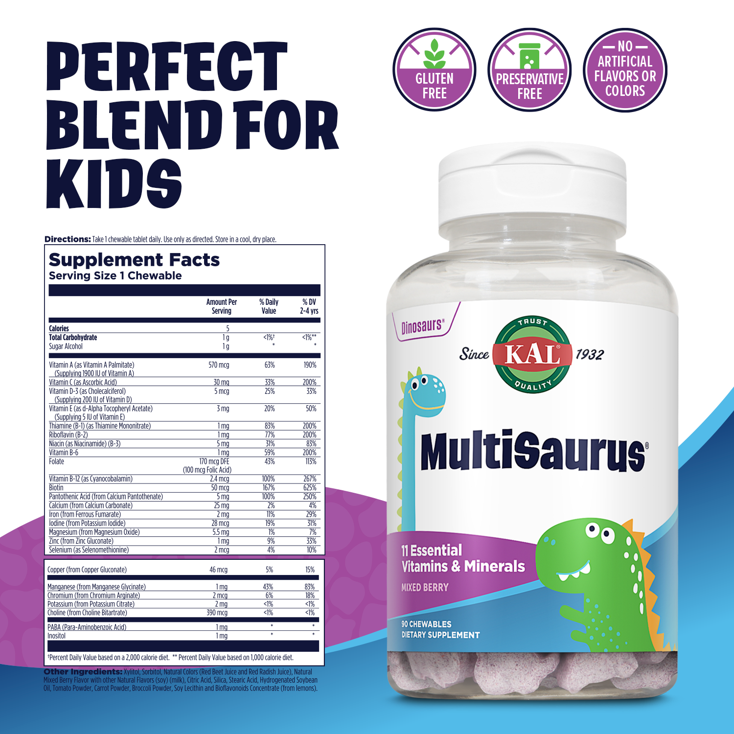 KAL Kids MultiSaurus Vitamins & Minerals | Mixed Berry Flavor | Childrens Once Daily Multivitamin | 90 Chewables - image 2 of 6