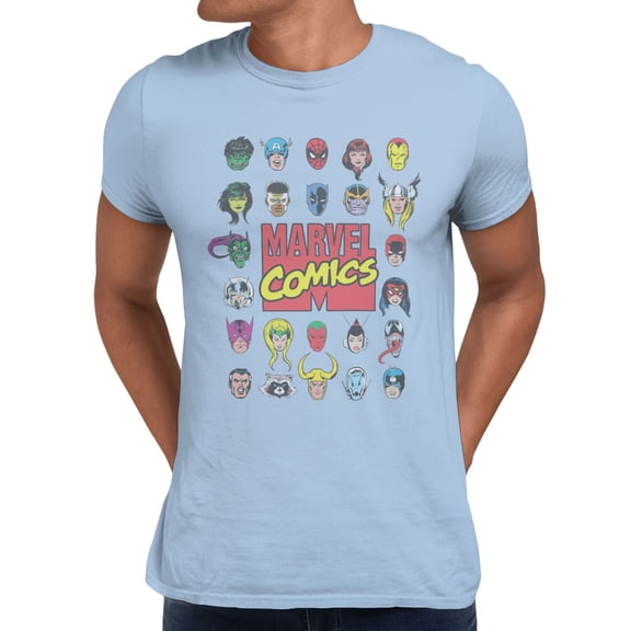 Marvel Comics Retro Superhero Faces Character Grid Mens T-Shirt (Light Blue, S-XXXL)