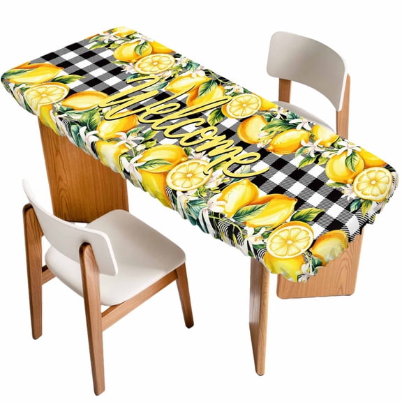 Yellow Lemons Table Cloths for 8 Foot Rectangle Tables, Summer Fruits Leaves Botanical Buffalo Plaid Patio Waterproof Elastic Fitted Tablecloths, Washable Rectangular Table Cover for Camping