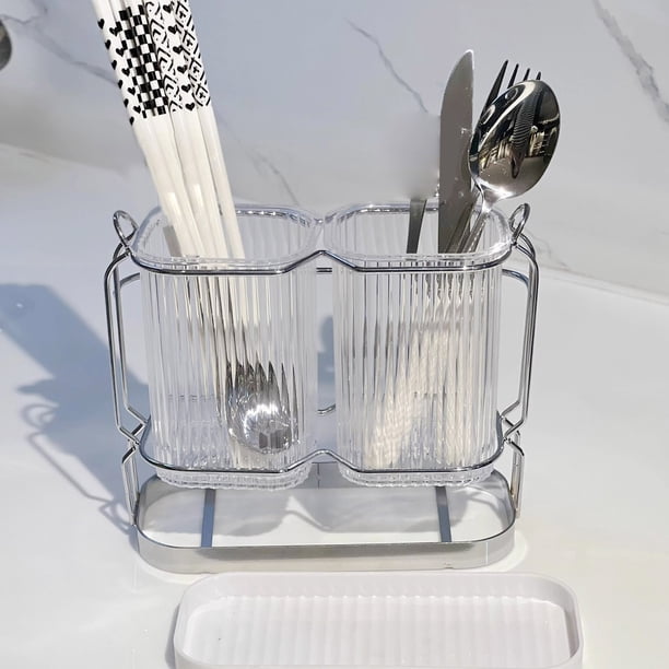 Organizador de utensilios de cocina de pared, caja de almacenamiento de plástico ABS transparente de 2 compartimentos para palillos, cucharas, tenedores, 19,5x16,23x9,2cm, fácil de instalar, rejilla