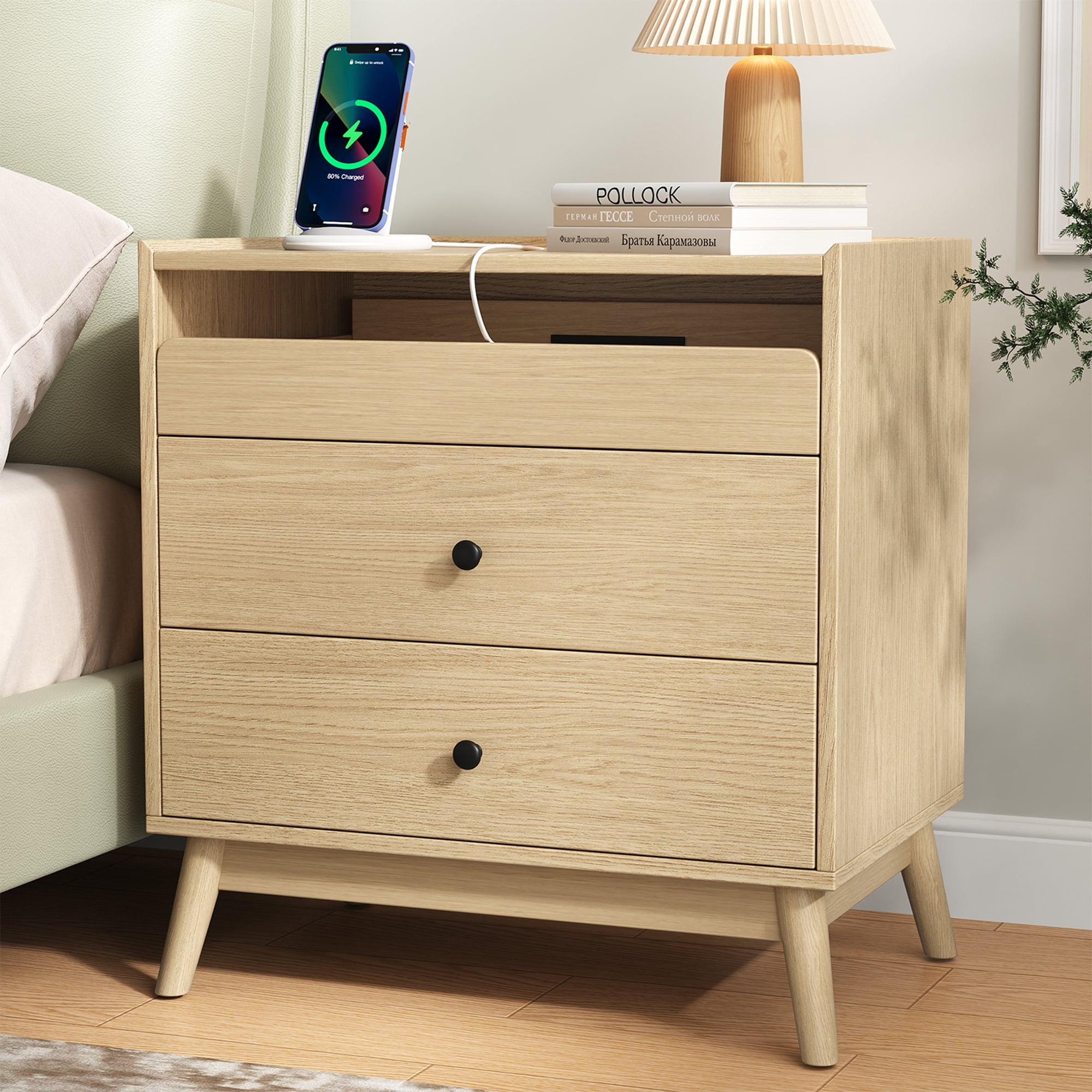 IDEALSOUL Nightstand Set of 2, 24 inch End Side Table with Hidden Charging Station, Large Wooden Night Stand for Bedroom Furniture(2pcs, Wood color)