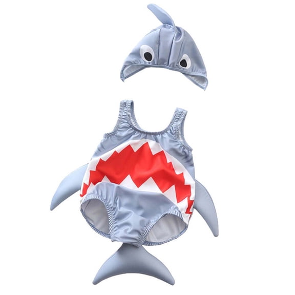 VNKIDY Toddler Girls Two Piece Shark Themed Swimsuit Set With Sleeveless One Piece Romper Matching Shark Fin Swim Cap For Summer Beach Pool Activities Grey 18-24 Months