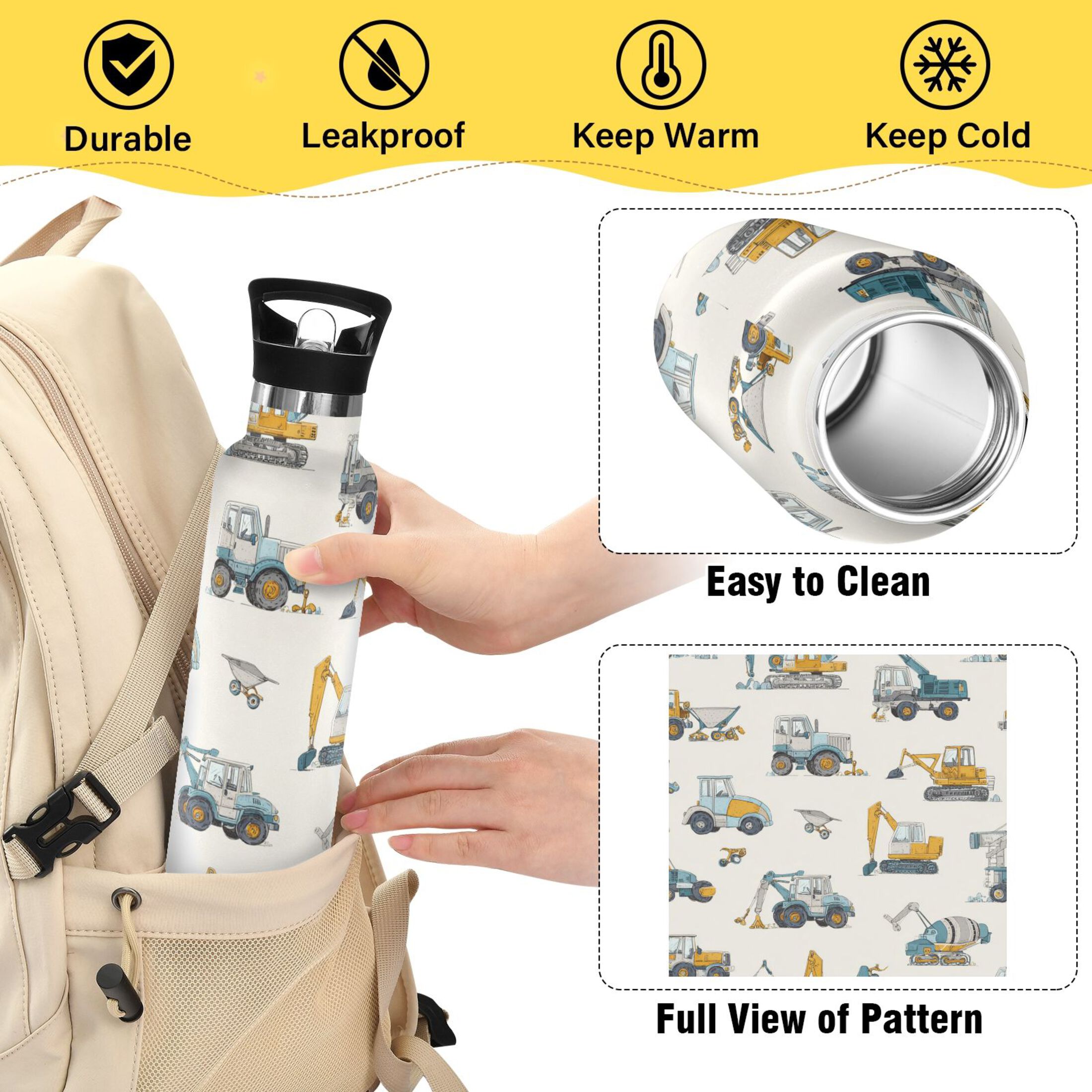 Kids Insulated Stainless Steel Sports Water Bottle 600ml (20oz) Engineering Vehicle Pattern
