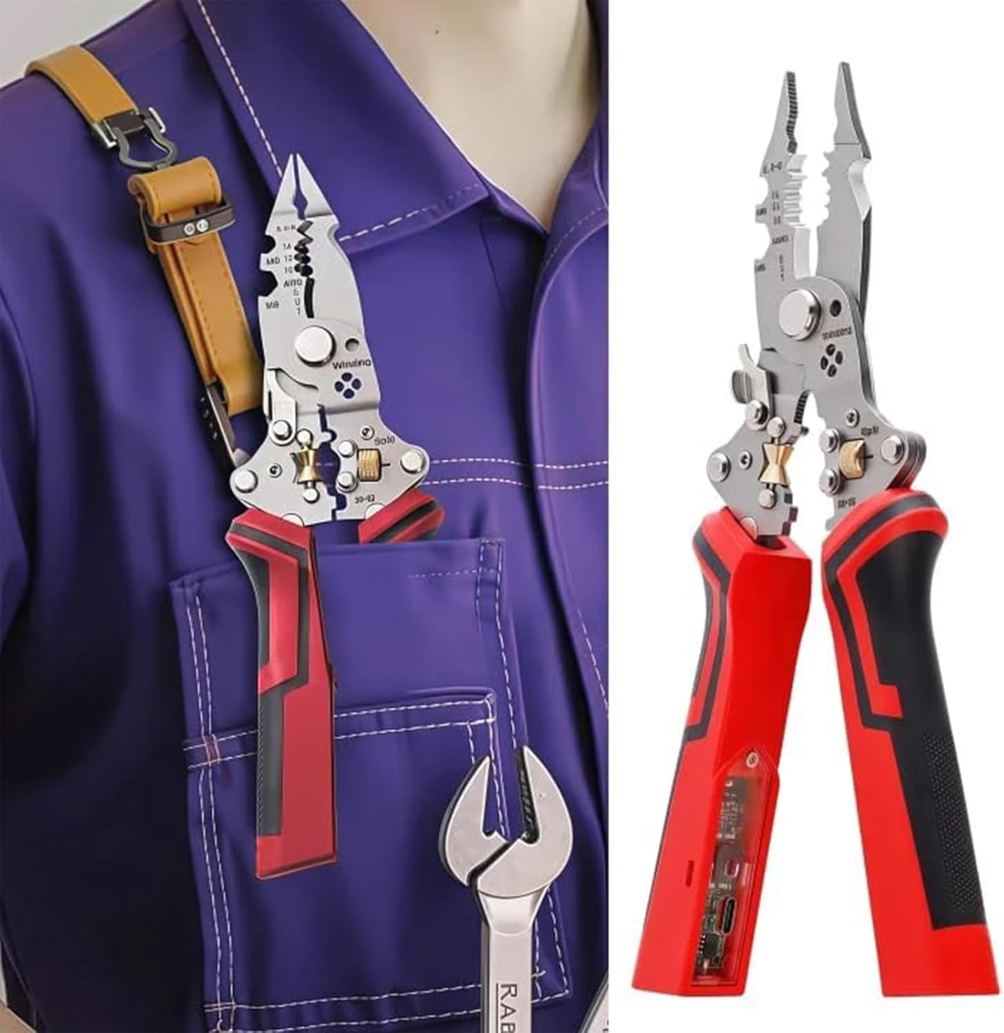 16-in-1 Wire Stripper Tool with Voltage Tester – Professional Multifunctional Folding Wire Stripper, Cutter, Crimper & Twister, Audible & Flashing LED Alarm