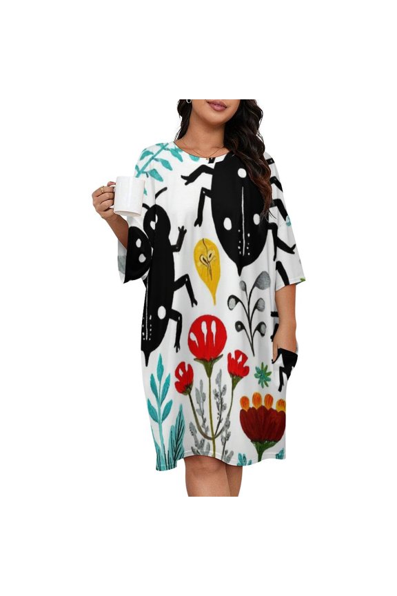 Black Beetles Floral Summer Art Sleepshirts For Sleeping Travels Loose Sleepdress Pajama Dress Soft Nightdress Sleepwear