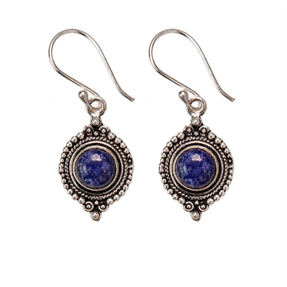 Silver Brass Round Lapis Lazuli Gemstone Dot Work Indian Drop Earrings