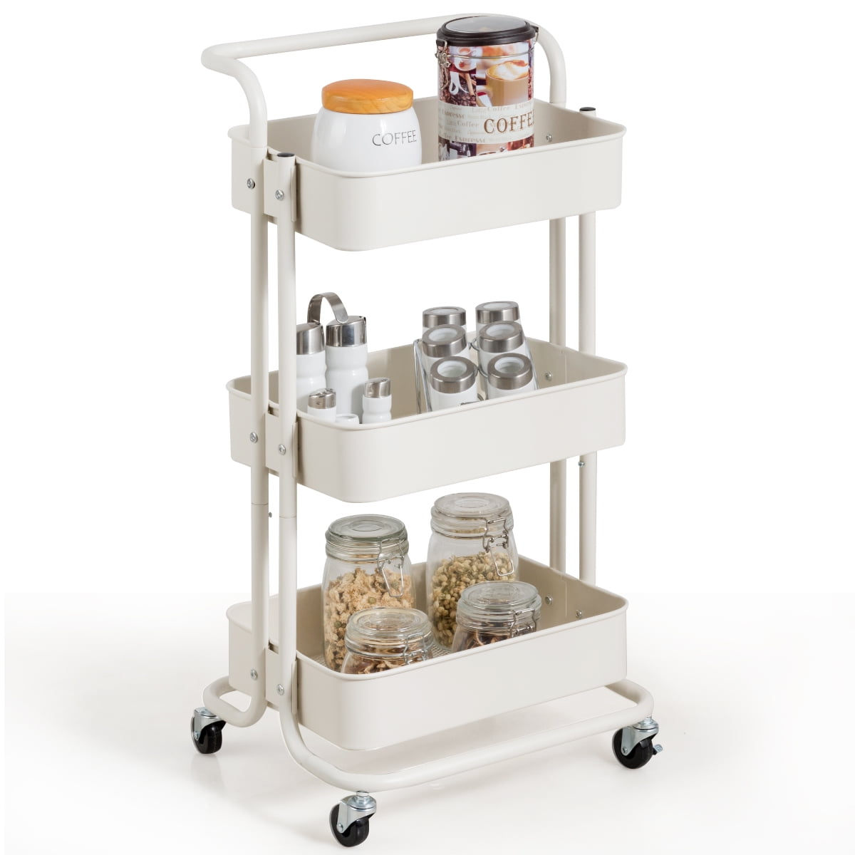 3 Tier Rolling Cart with Wheels White Metal Utility Cart with Handle