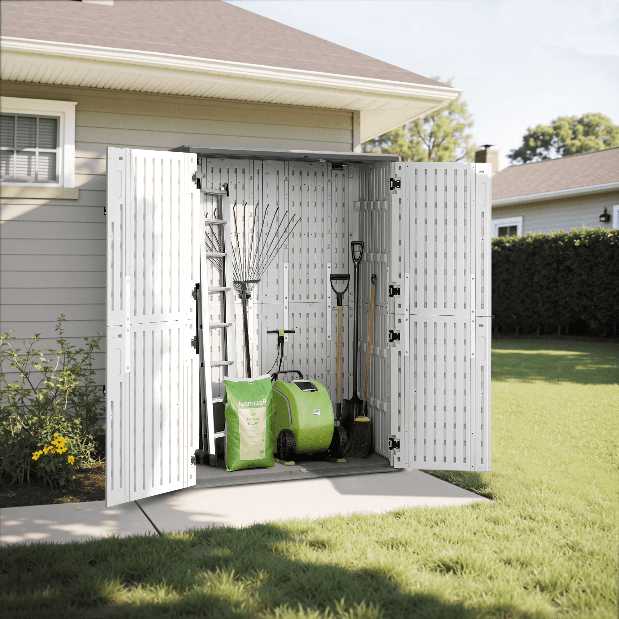 Macrout 4.3 x 2.5 ft Vertical Outdoor Plastic Storage Cabinet with Floor, Resin Garden Tool Shed