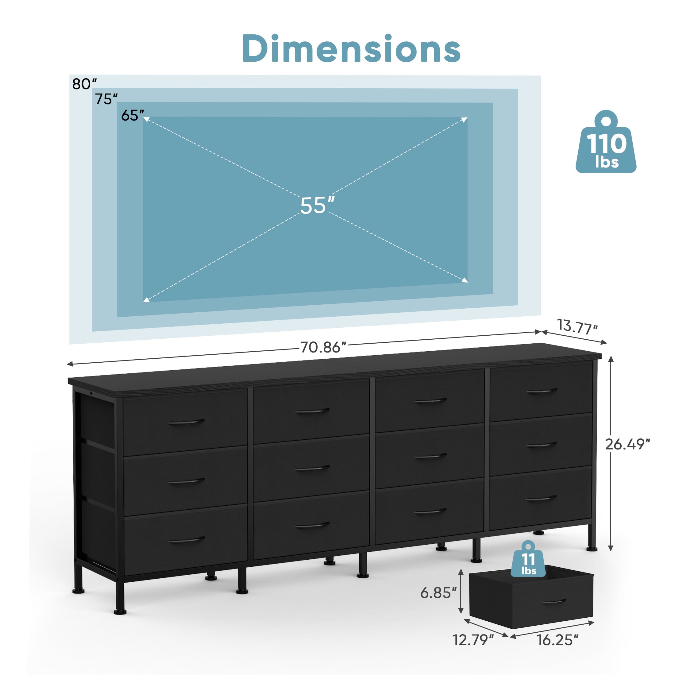 CONCETTA 12 Drawer Storage TV Dresser, Metal Frames Resist Deformation, Adjustable Feet Prevent Tipping, Accommodates TV Up to 80 inch, Suitable for Living Room,Black