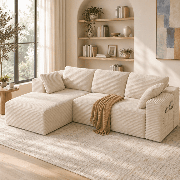 Lofka 105" Sectional Sofa, Cloud Boneless Couch for Living Room, L-Shape Modern Soft Modular Couch for Bedroom, No Assembly Required, Beige White