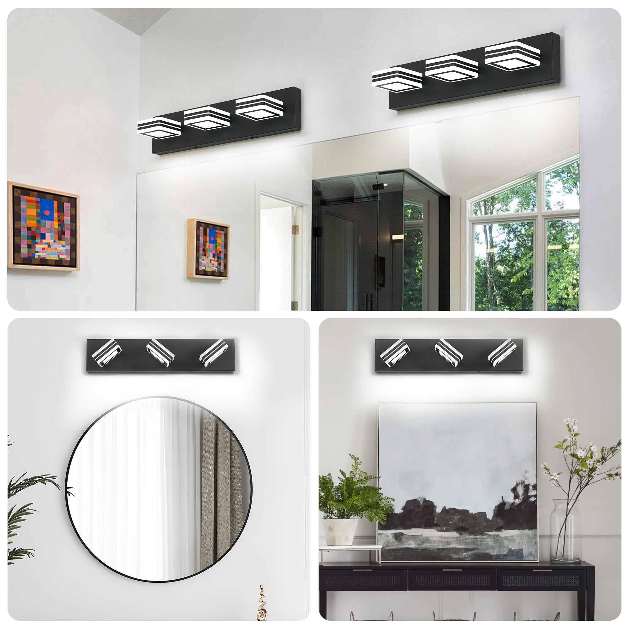 PUKNLY Matte Black Vanity Light Fixtures, 3-Light Modern Bathroom Vanity Up and Down LED Over Mirror Acrylic Black Bath Wall Lighting