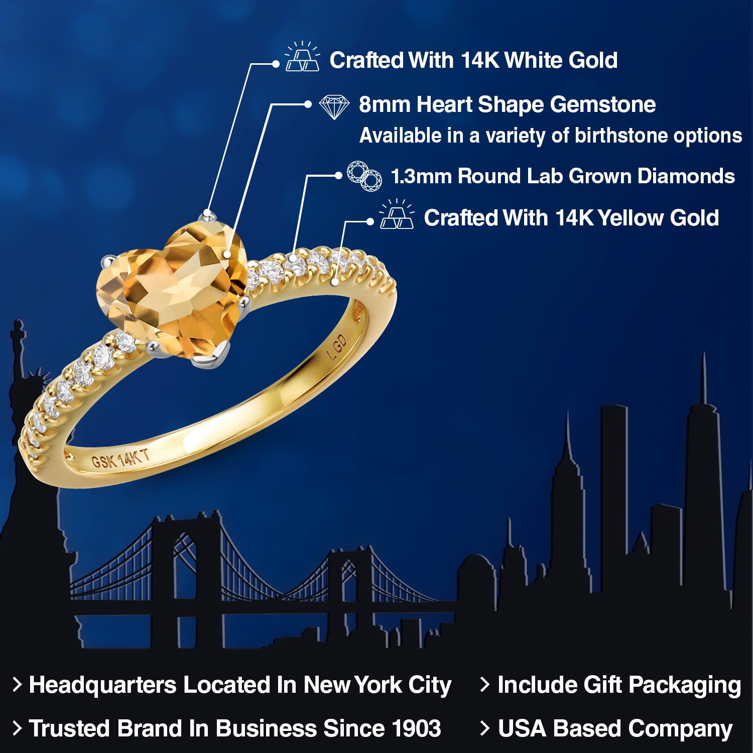 Gem Stone King 14K Two Tone Gold Yellow Citrine and Lab Grown Diamond Engagement Ring for Women | 1.56 Cttw | Heart Shape 8MM | Gemstone November Birthstone | Size 8