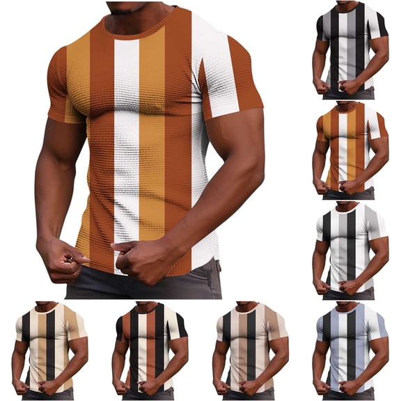 SeCaotees Striped Sleeveless Tank Tops for Men Vertical Stripe Print Slim Fit Stretchy Knit Fabric Workout Daily Casual Shirts Beige,L