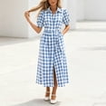 thumbnail image 2 of Women's Casual Dresses Gingham Shirt Midi Dress with Puff Short Sleeves Summer Long Shirt Sundress Blue M, 2 of 7