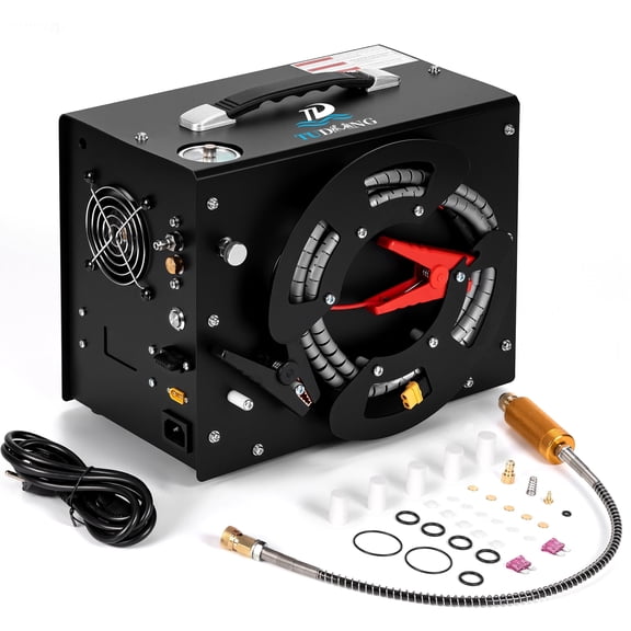 TUDIVING PCP Air Compressor 4500 PSI 300 Bar, 12V DC/110V AC Portable Air Pump with Auto Stop, Built-in Converter, Cord Reel, Oil/Water-Free for Air Rifles, Paintball Tanks
