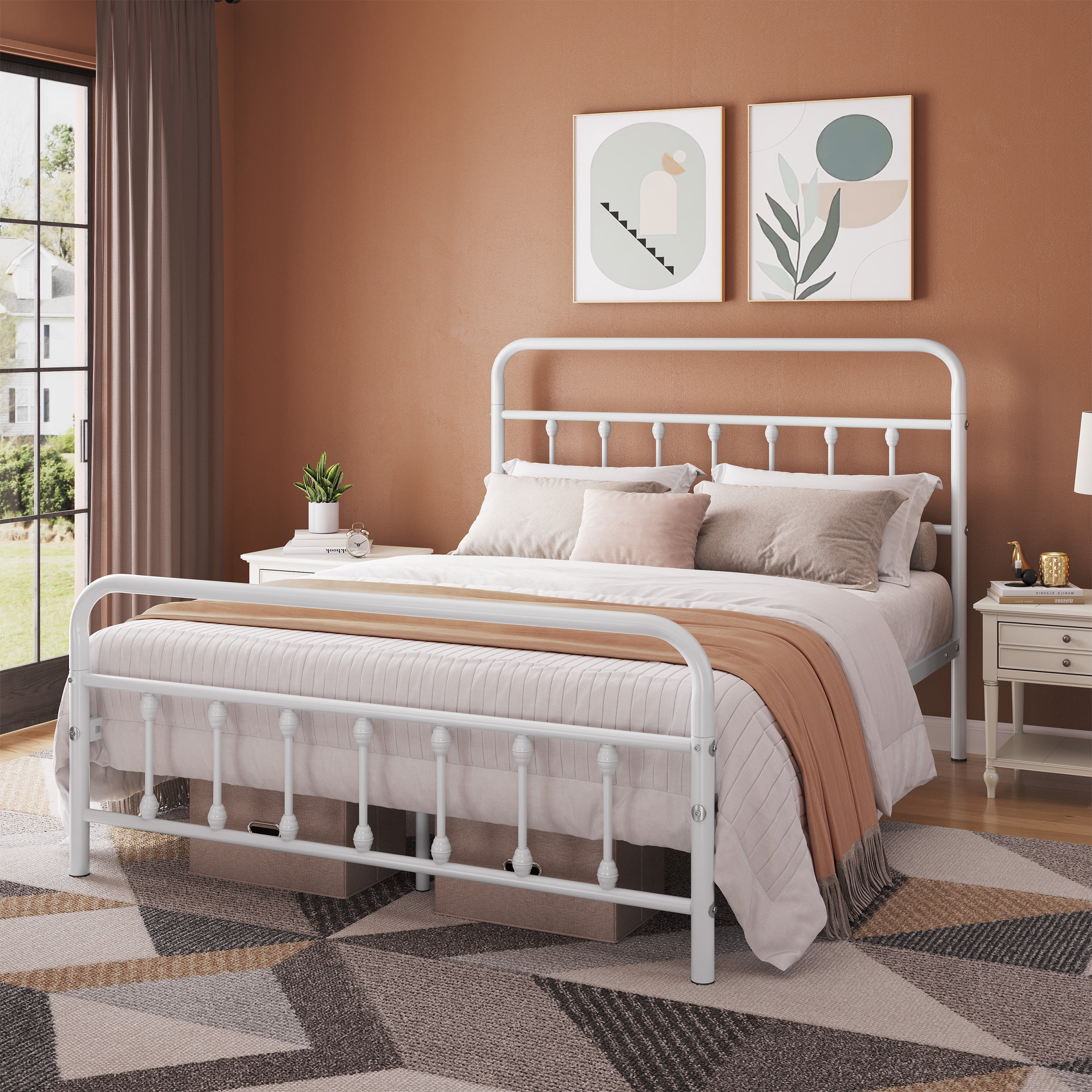 Alden Design Queen Size Classic Iron Platform Bed with High Headboard and Footboard, White