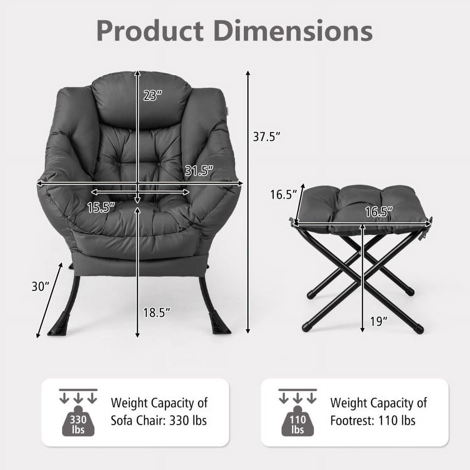 Demi Bonn Accent Sofa Chair, Recliner Chair with Ottoman Footrest, Modern Accent Sofa Chair with Folding Footrest and Side Pocket, for Living Room, Bedroom, Gray