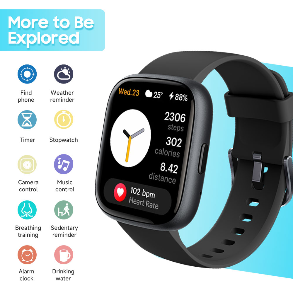 TOOBUR Smart Watch for Women, 1.83" Fitness Tracker Watch with Step Tracker/Pedometer/Sleep, IP68 Waterproof Smartwatch Calls Compatible iOS Android Black
