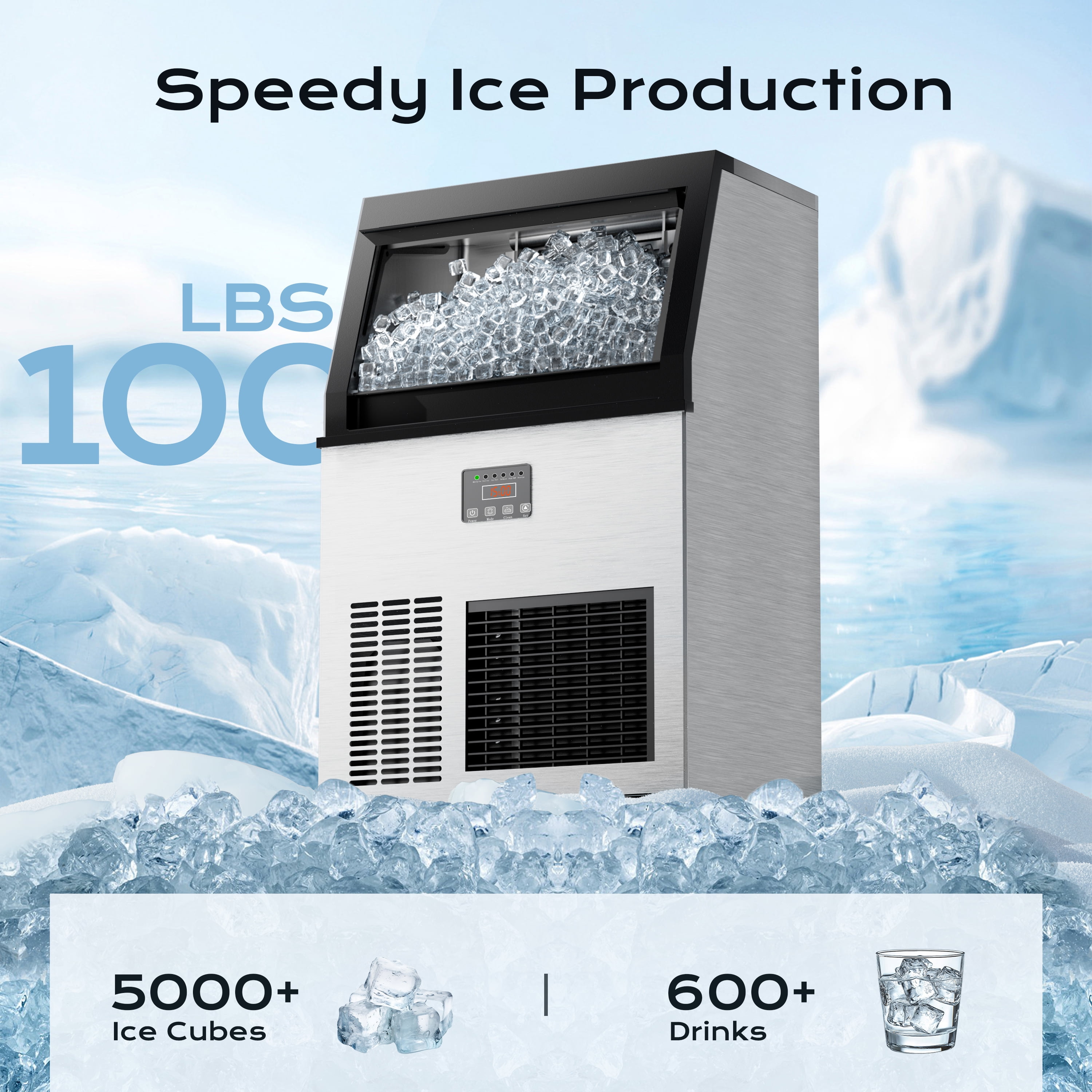 Coolake 200lbs/24H Commercial Ice Maker Machine with 50lbs Ice Storage,  Stainless Steel Under Counter ice Machine, Air Cooled, 115v