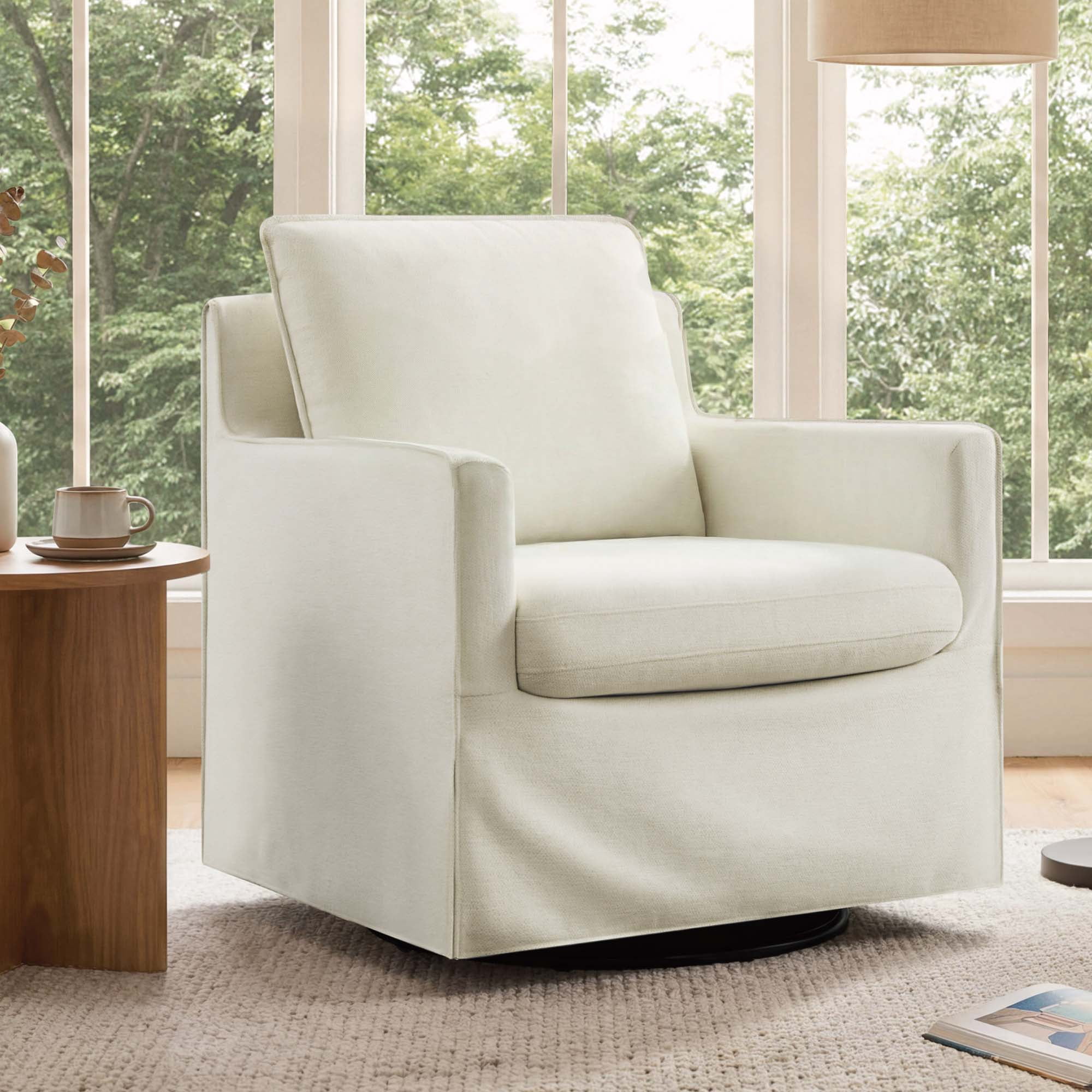 Spruce & Spring Upholstered Swivel Glider Accent Chair for Living Room, Nursery and Bedroom, Reversible Cushions, Track Arms, Modern Lounge Chair, Cream