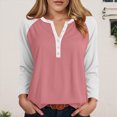 thumbnail image 2 of larppty Womens Long Sleeve Tops Color Block Button V Neck T Shirts Loose Fit Tunic Blouses (Pink, L), 2 of 5