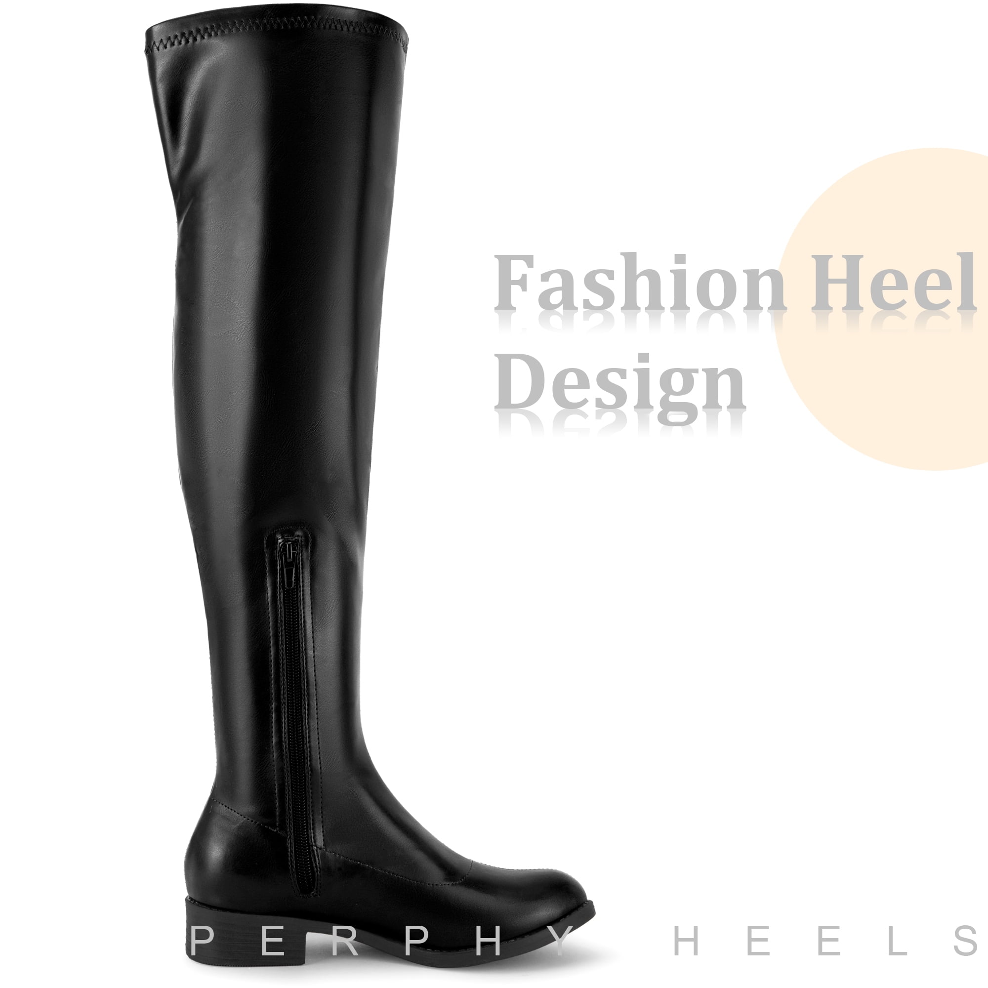 DARING DIVA Women's Round Toe Low Block Heel Over the Knee High Boots Black 7
