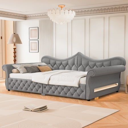 Euroco Upholstery Queen Size Daybed, Sofa Bed with LED Light, Gray