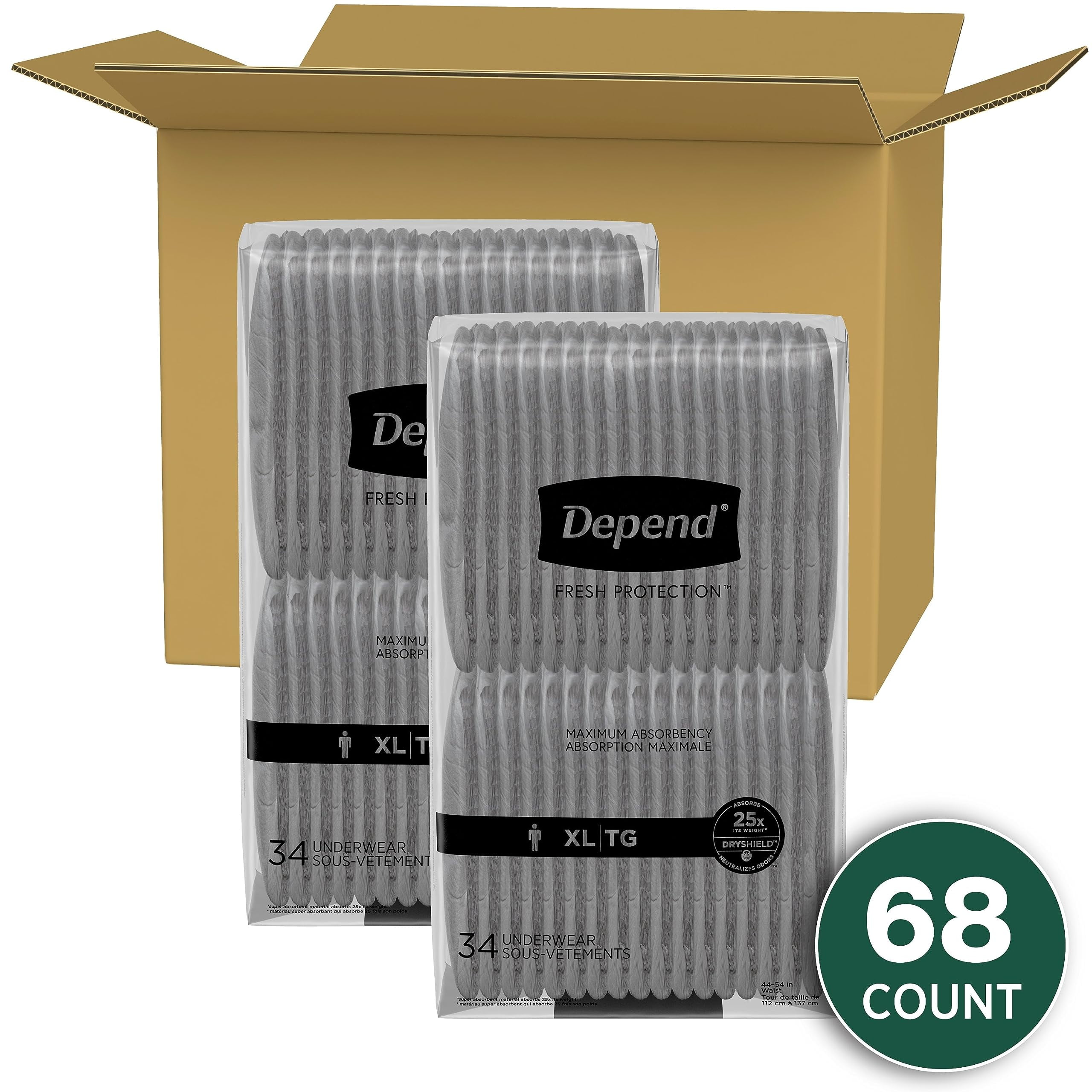 Depend Fresh Protection Adult Incontinence Underwear for Men Disposable Grey XL 68 Count (54204)