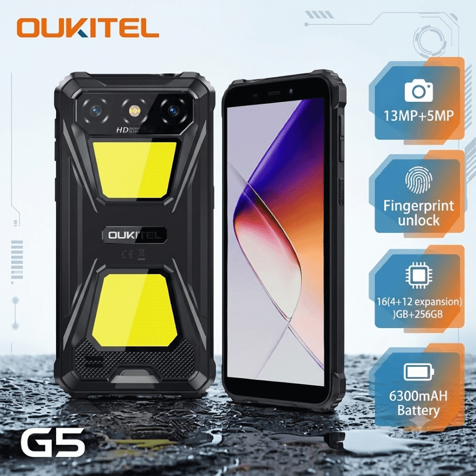 Unlocked Rugged Phone 16GB(4+12expansion)+256GB OUKITEL G5 6300mAh Battery 10W Fast Charging IP68 Waterproof Shockproof Cell Phone For Delivery Personnel Industrial Practitioners Outdoor Users