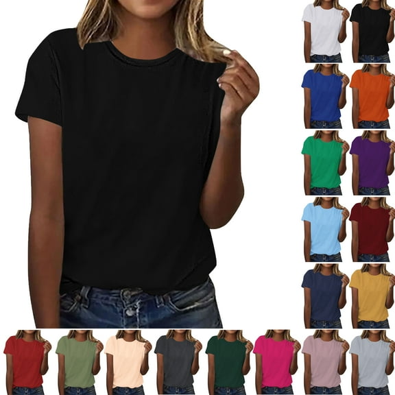 Summer Women Plus Size Short Sleeve Tops Women's fashion Crew Neck Solid Color Lightweight Loose Casual T-shirt Black Color Size M Pullover Blouse Loungewear