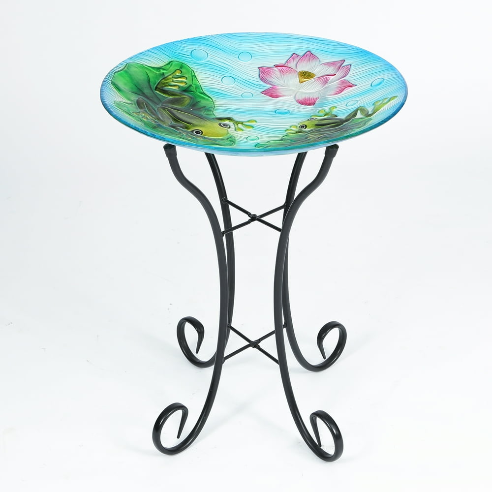 Glass Frog and Lilypad Bird Bath with Metal Stand
